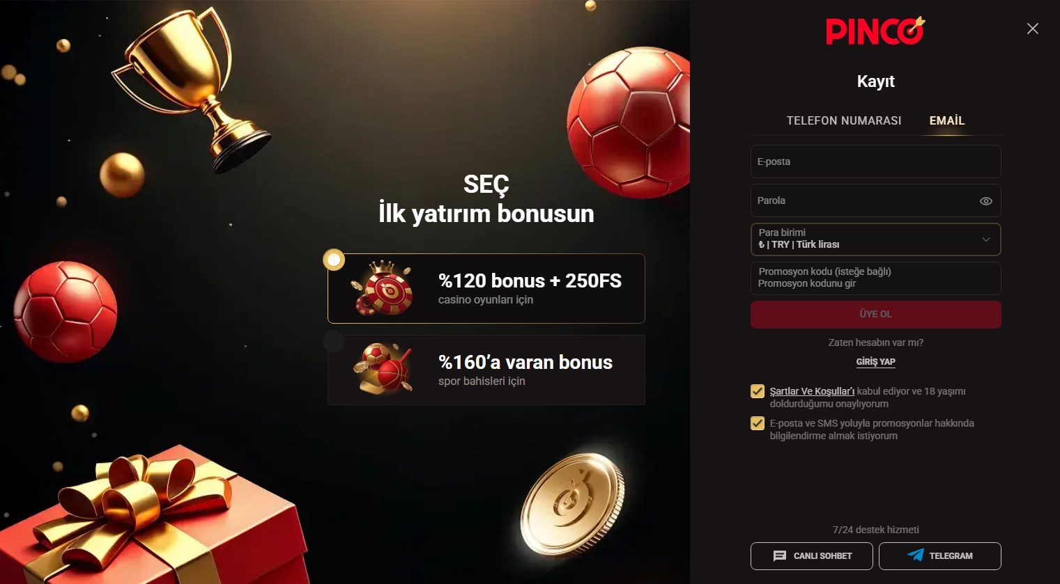 Pinco kayıt süreci ve İlk bonus seçimi